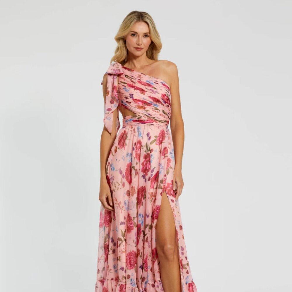 Ieena for Mac Duggal  Pink Side Cut Out One Shoulder Gown